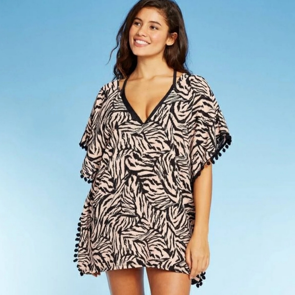 Like new! Zebra Stripe Pom Pom Swimsuit Cover Up - Medium